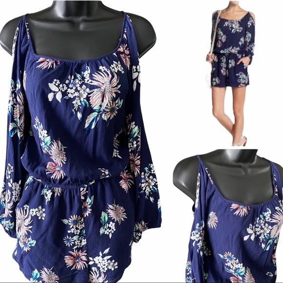 3/$30 Love...ady Navy Cold Shoulder Floral Romper - Picture 1 of 9